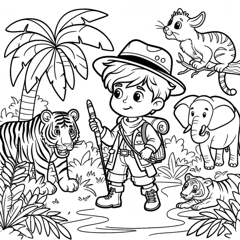 Un petit garçon explorateur dans la jungle avec des animaux exotiques