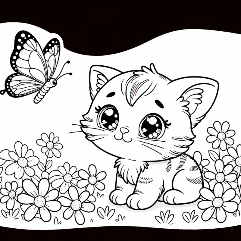 Un petit chat vif aux grandes oreilles et aux yeux scintillants tente de s'approcher d'un beau papillon coloré qui vole au-dessus d'un champ de fleurs printanières.
