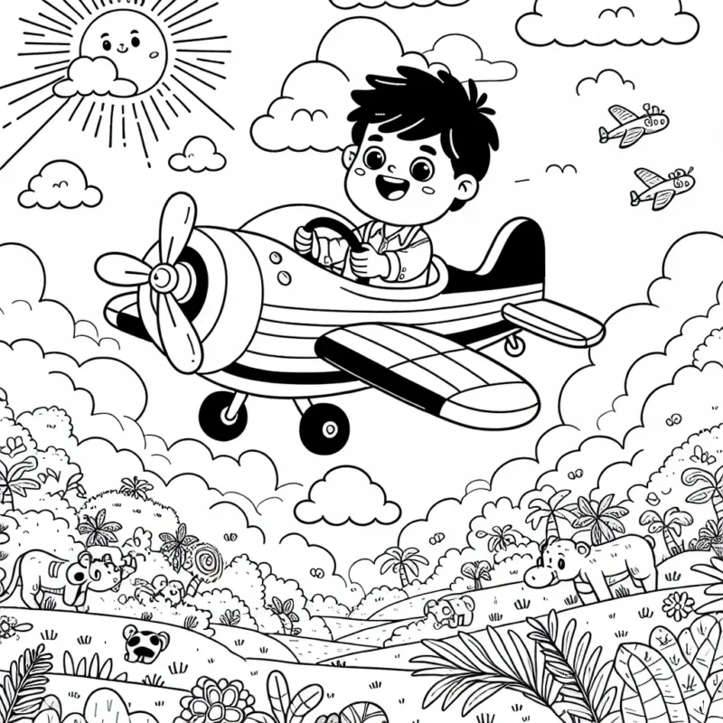 Un petit garçon est en train de piloter son avion à hélice coloré à travers les nuages, volant au-dessus d'une vaste jungle peuplée de différentes espèces d'animaux. Il a un grand sourire sur son visage alors qu'il tient fermement le volant de son avion. À l'arrière-plan, le soleil se couche, donnant au ciel une teinte dorée.