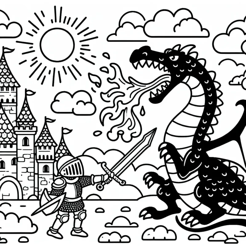 Un jeune chevalier défend courageusement son royaume contre un dragon cracheur de feu, entouré de châteaux, de nuages et de soleil.