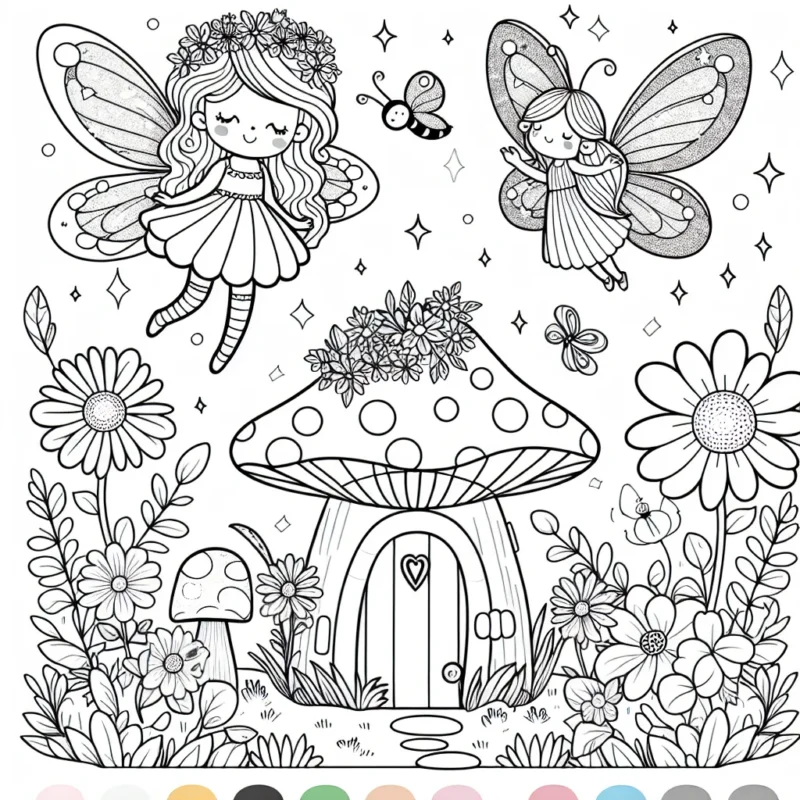 Sur cette grande page blanche, il y a un magnifique jardin de fées avec une belle fée aux ailes chatoyantes flottant, une petite maison champignon et des fleurs multicolores. Il y a aussi un charmant petit papillon et une coccinelle à côté des fleurs. C'est à toi de donner vie à cette scène en utilisant tes couleurs préférées.