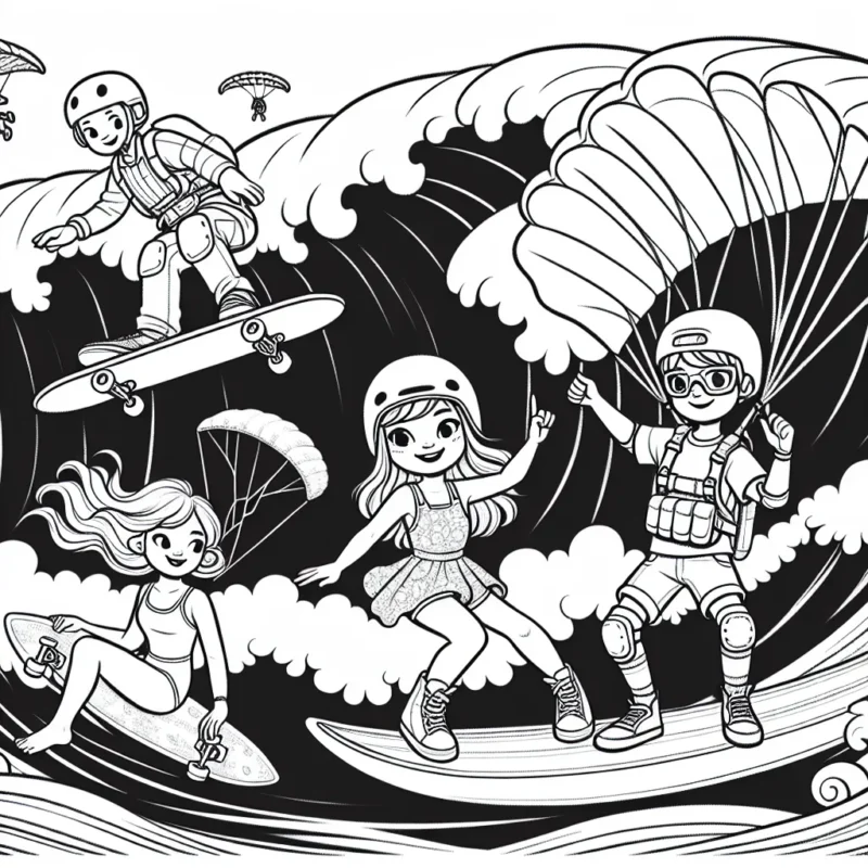 Imagine une scène où une fille fait du skateboard sur une rampe de skate park, un garçon fait du saut en parachute et une autre fille pratique le surf sur des vagues gigantesques. Dessine cela en y ajoutant des détails comme les expressions de leur visage, leurs vêtements de sport et les détails de leurs équipements.