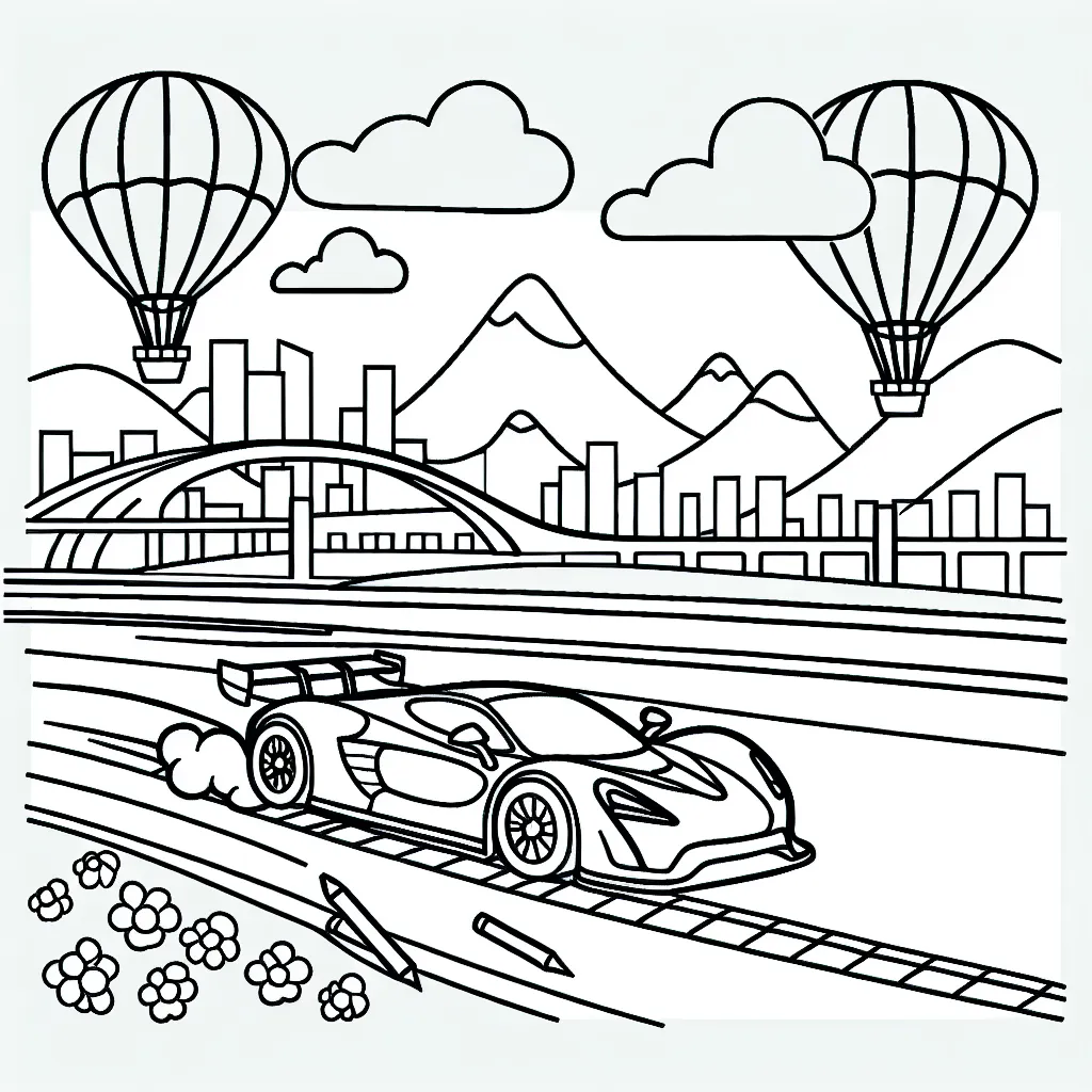 Dessine une voiture de course rapide sur un circuit animé, avec des hauts montagnes en arrière-plan et un ciel rempli de ballons colorés.