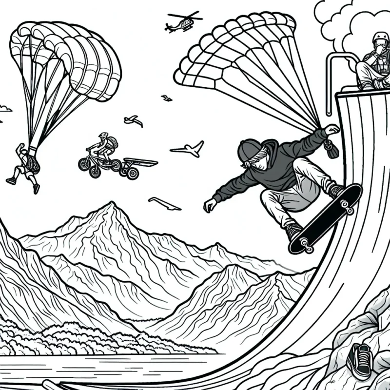 Dessinez un sportif extrême en pleine action, en skate sur une rampe half-pipe, avec en arrière-plan des montagnes, un parachute en train de s'élever, un alpiniste suspendu sur un rocher et un surfeur en plein équilibre sur une vague massive.