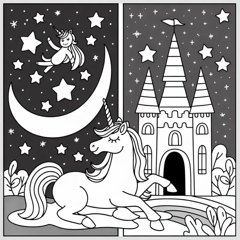 Un paysage magique de licorne faisant la danse de l'étoile au clair de lune à côté du château arc-en-ciel