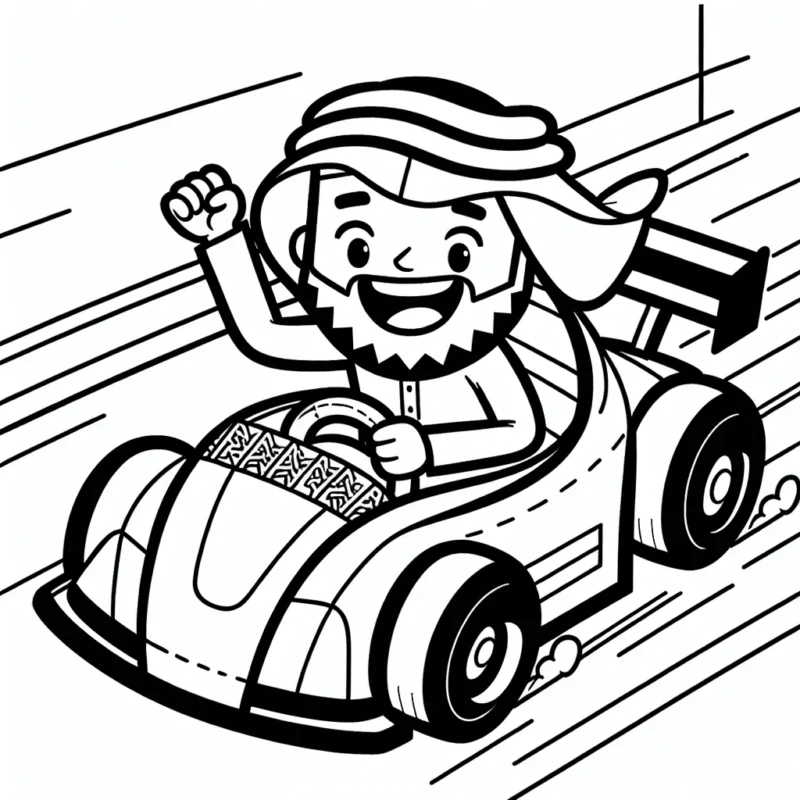 Dessine une scène dynamique avec une voiture de course filant à toute vitesse sur un circuit, accompagnée de son pilote enthousiaste. N'oublie pas d'ajouter des détails sur la voiture ainsi que le paysage.