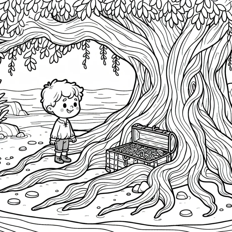 Un petit garçon découvre un trésor secret caché dans les racines d'un vieil arbre sur une île déserte.