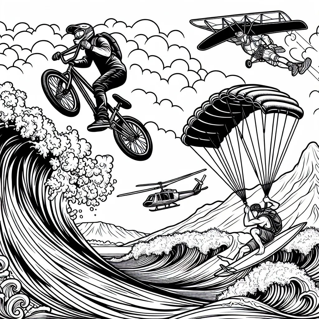 Un athlète de BMX réalise une figure stupefiante pendant une compétition intense, tandis qu'un surfeur audacieux brave des vagues hautes comme des montagnes. Dans le ciel, un parachutiste délivré d'un avion exhibe sa bravoure. Colouriez ces scènes palpitantes et ressentez l'adrénaline !