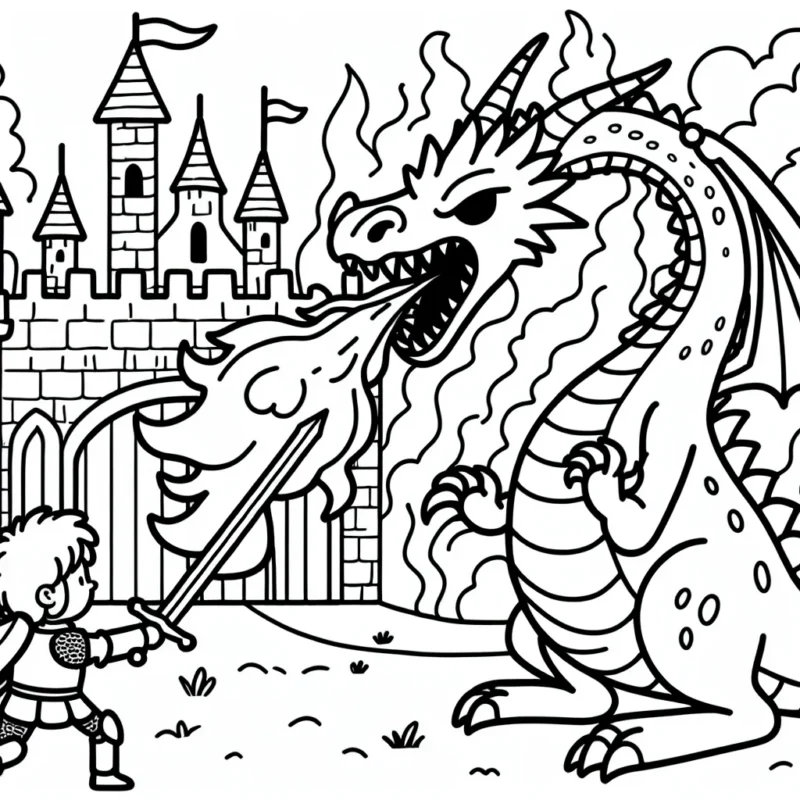 Un jeune chevalier défendant un château fort contre un immense dragon cracheur de feu