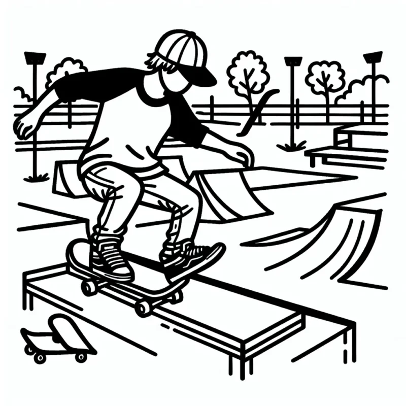 Dessine un skateur en pleine action dans un skate park avec différents obstacles comme rampes, rails et half-pipes.