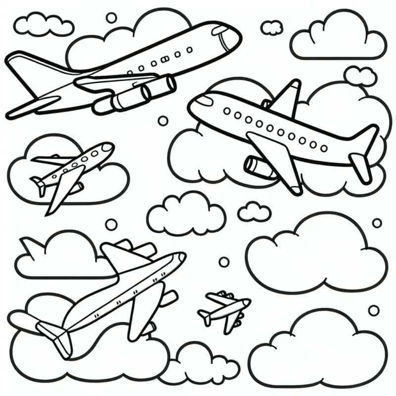 Amusez-vous à colorier ces avions volant avec les nuages ! Quels types d'avions voyez-vous ? Quelles couleurs allez-vous leur assigner ?