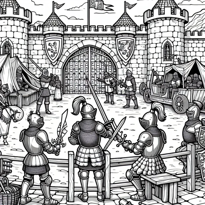 Une scène de chevaliers se préparant pour le tournoi dans un château médiéval