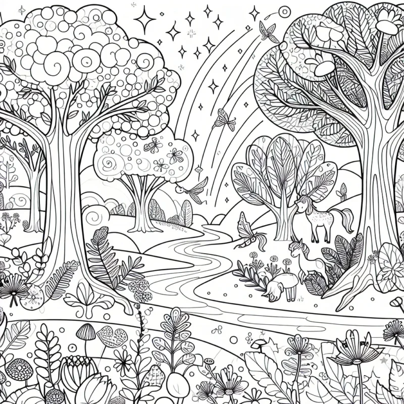 Imagine un paysage de forêt enchantée pour un conte de fées, avec des arbres immenses, une rivière scintillante, des fleurs multicolores et des créatures fantastiques comme des licornes et des fées se cachant entre les feuilles!