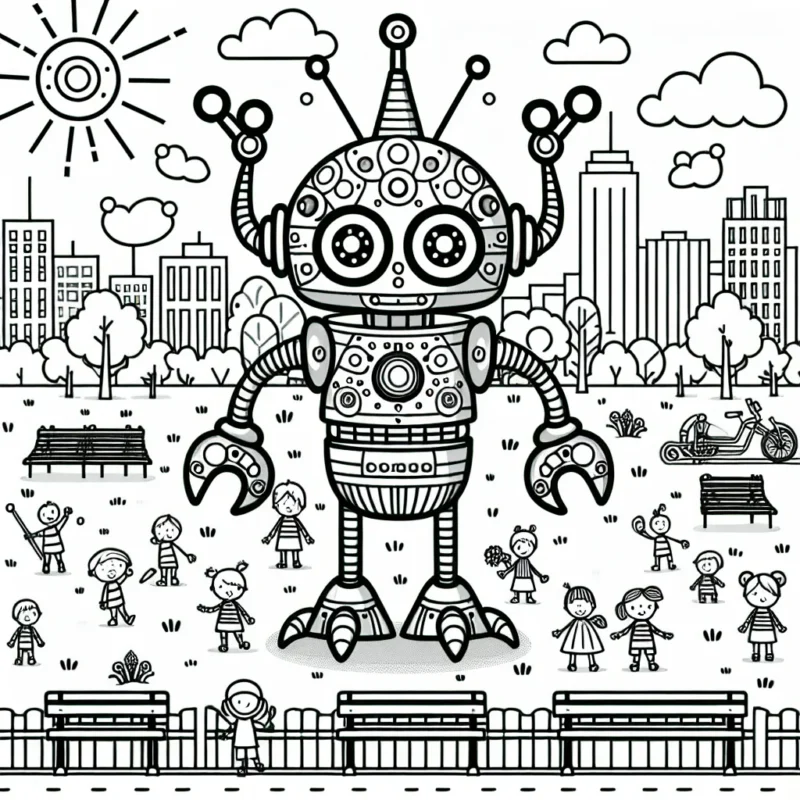 Dessine un fantastique robot extraterrestre ayant atterri dans le parc de ta ville. Ton robot devrait avoir de multiples bras mécaniques, un corps colossal brillant et des lumières scintillantes pour les yeux. Imagine comment les autres enfants du parc réagiraient à sa présence.