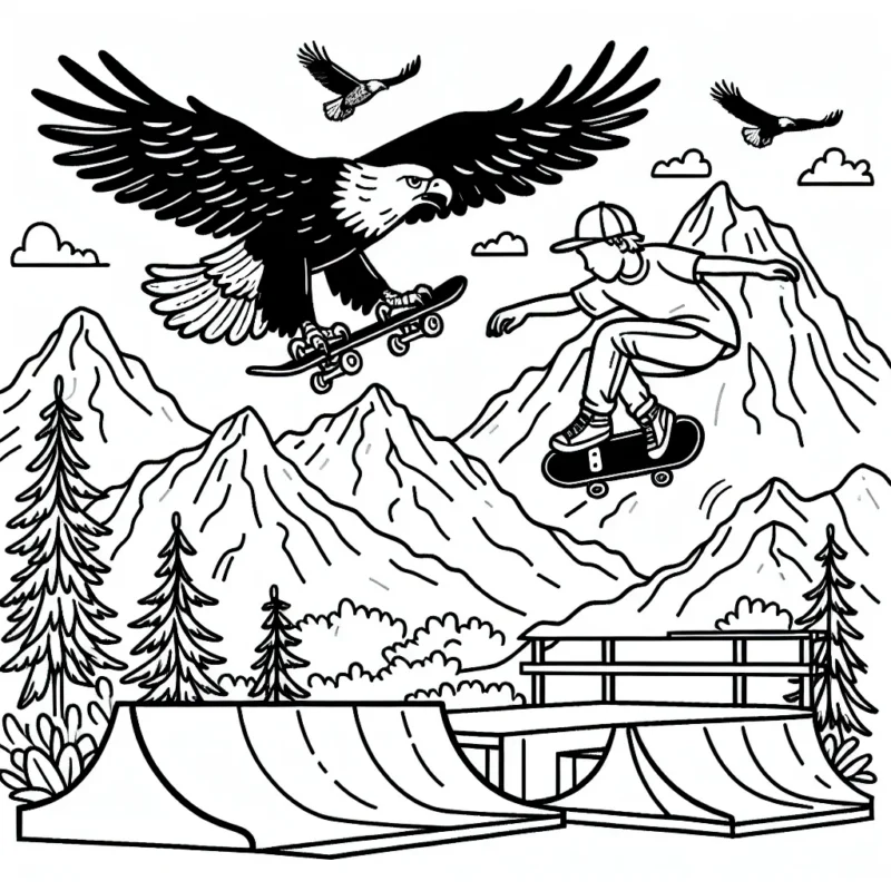 Dessine un skateur faisant un saut spectaculaire sur une rampe, entouré de montagnes et avec un aigle volant dans le ciel.