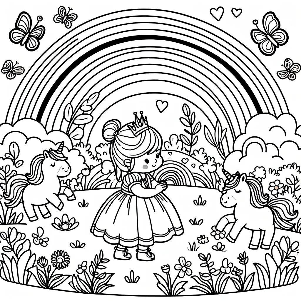 Une petite princesse joue dans son jardin enchanté peuplé de licornes et de papillons, entouré d'un grand arc-en-ciel.