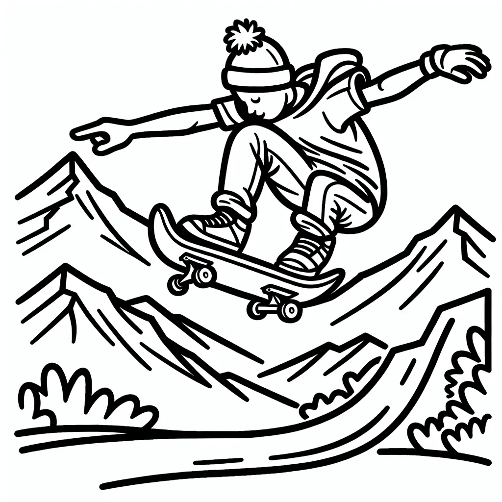 Dessine un skateur faisant un saut spectaculaire au-dessus d'une montagne, en ajoutant du dynamisme avec votre propre touche de couleur.