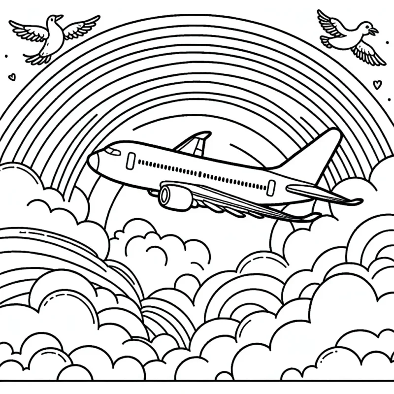 Imagine un avion de ligne volant dans le ciel nuageux avec un magnifique arc-en-ciel derrière lui. Rajoute aussi quelques oiseaux s'envolant avec l'avion.
