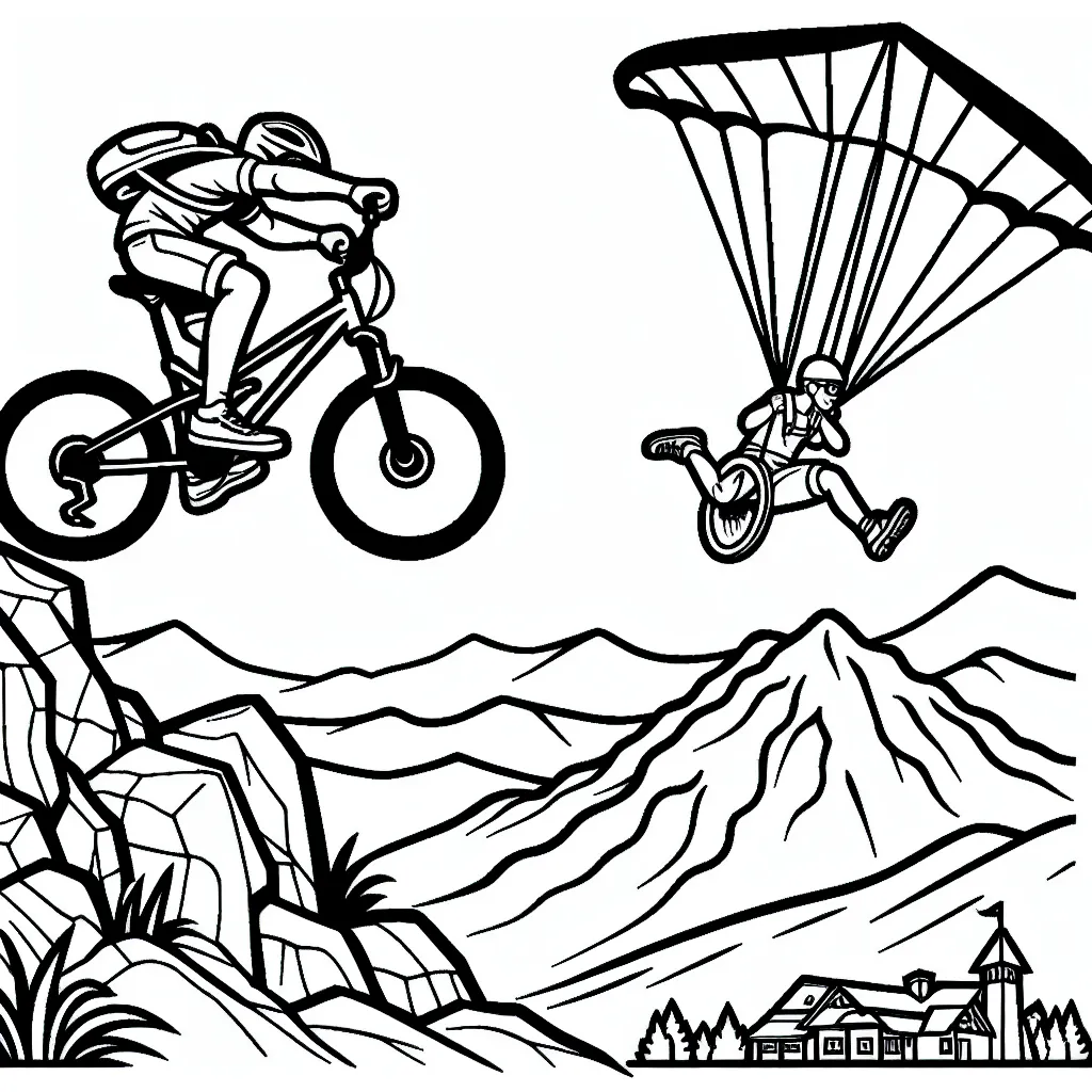 Dessine un cycliste exécutant un saut audacieux sur une montagne rocheuse, avec un deltaplane volant haut dans le ciel au-dessus de lui.