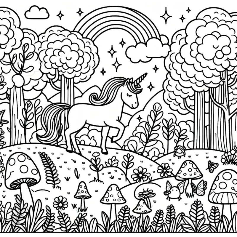 Fais de la place à ta créativité et colorie le paysage fantastique de la forêt enchantée peuplée de licornes magiques et les petits gnomes qui vivent dans les champignons.