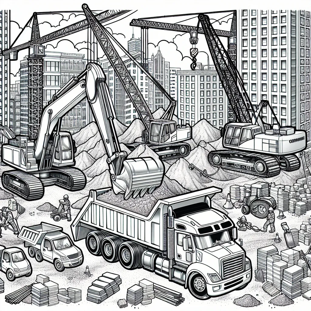 Plonge toi dans un univers de construction avec ce dessin montrant une scène dans un chantier ! Regarde ces tractopelles, les grues tournoyantes et les travailleurs en action. Imagine les couleurs vives des équipements de construction et donne-leur vie ! Il y a même un camion à benne basculante déversant un tas de sable. Des briques et des planches attendent d'être assemblées pour construire le plus beau des bâtiments. Un chantier plein de vie qui nécessite tes plus belles couleurs pour s'illuminer !