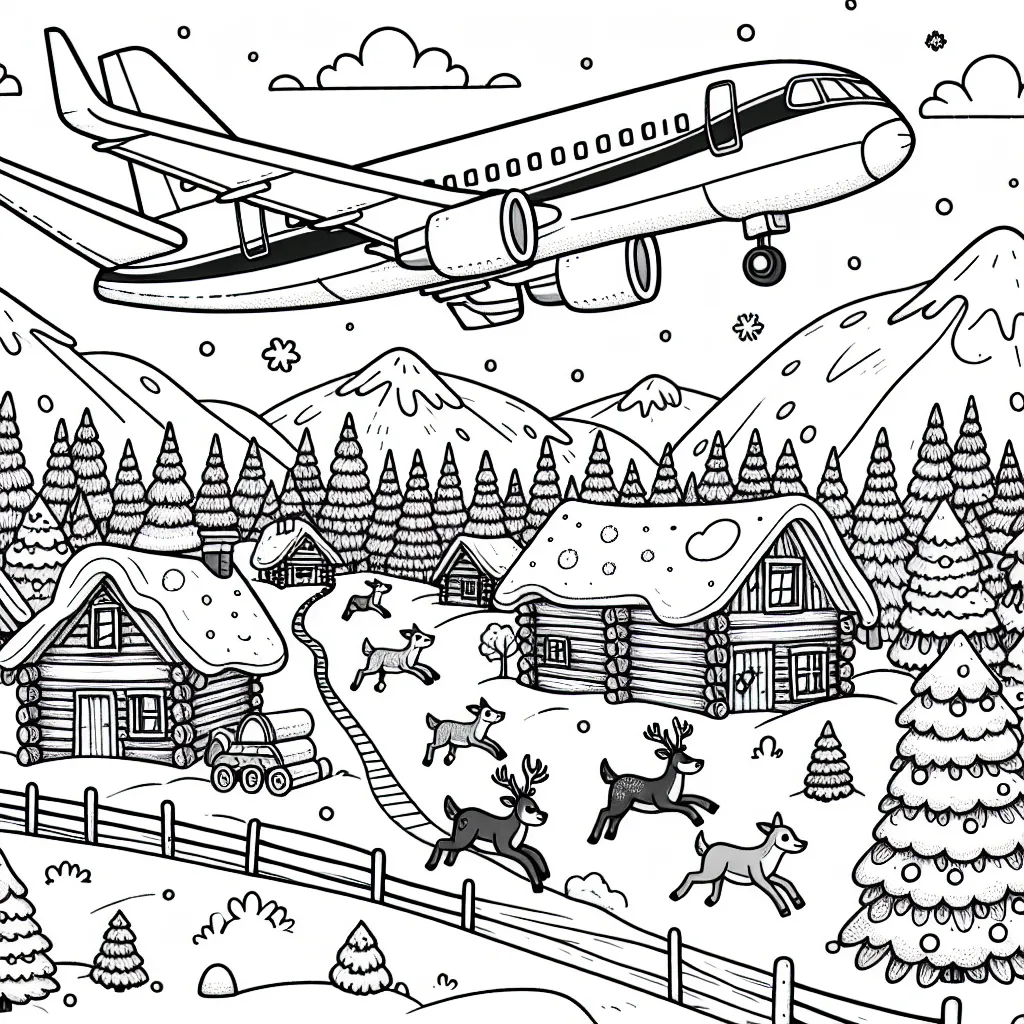 Dessine un avion de ligne survolant un paysage hivernal parsemé de chalets en bois et d'animaux en pleine course dans la neige, ainsi que des sapins couronnés de blanc.