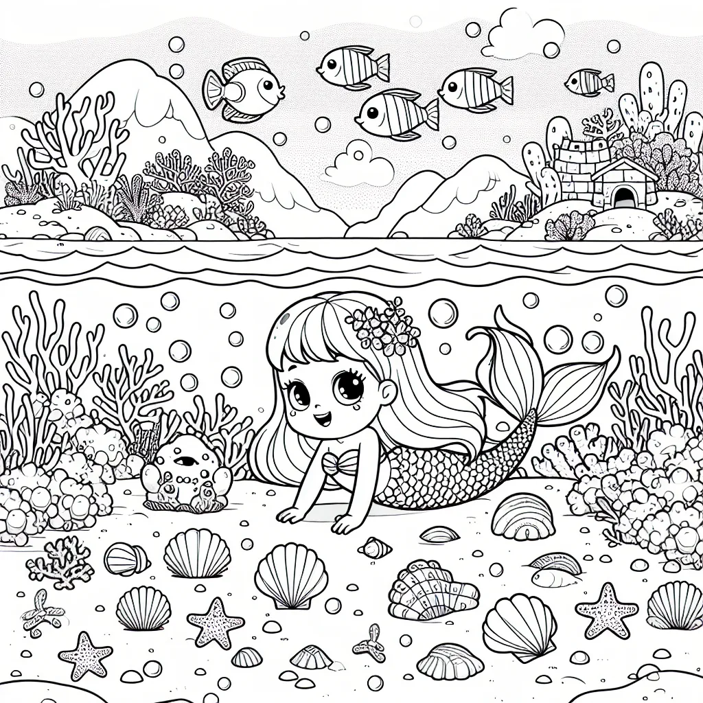 Une petite sirène gracieuse nage joyeusement parmi ses amis les poissons colorés au milieu d'un joli paysage marin orné de coraux et de magnifiques plantes aquatiques. Il y a aussi un tapis de petites étoiles de mer, des coquillages chatoyants et un château de sable laissé par une marée basse au fond de l'océan.