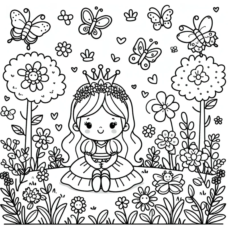 Dessine une petite princesse assise dans un jardin fleuri, entourée de papillons et de petits animaux de la forêt