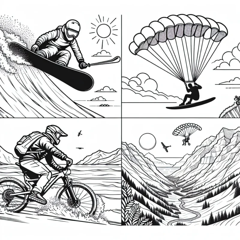Sur cette page de coloriage, tu trouveras un snowboarder en plein saut, un surfeur chevauchant une vague gigantesque, un vététiste dévalant une pente raide et un parachutiste dans les airs !