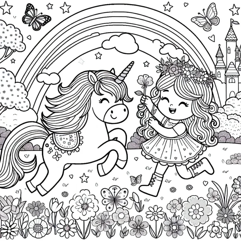 Imaginez un charmant paysage de printemps où une petite fille aux longs cheveux bouclés joue gaiement avec une licorne pétillante sous un arc-en-ciel scintillant. Le cadre contient également de jolis papillons virevoltants, des fleurs printanières en pleine floraison et un château magique au loin.