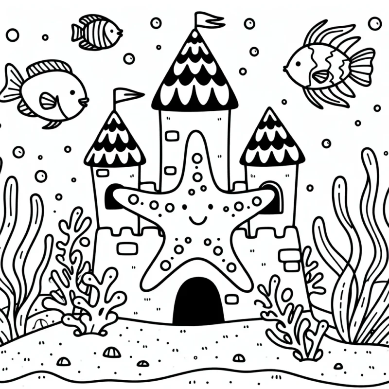 Étoile de mer de fantaisie ornant son joli château de sable sous la mer avec ses amis les poissons colorés