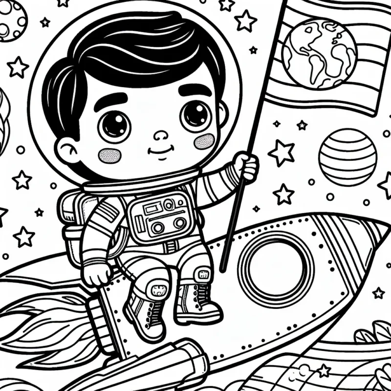 Un petit garçon courageux vêtu d'une combinaison spatiale flotte au-dessus d'un vaisseau spatial détaillé. Il tient un drapeau de la Terre tout en regardant vers une planète lointaine aux couleurs vives.