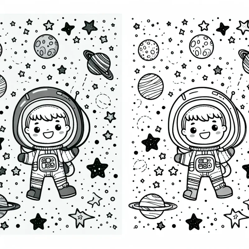 Un petit garçon astronaute explore la galaxie sur son vaisseau spatial. Il y a de nombreuses étoiles, planètes et autres formes cosmiques tout autour de lui. Dessinez et colorez cette scène !