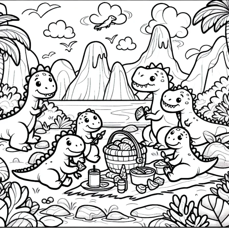 Un groupe joyeux de dinosaures organise un pique-nique sur une île mystérieuse.