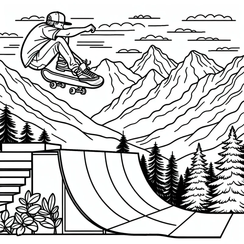 Dessine un skateur professionnel s'élançant dans un demi-tuyau (half-pipe) avec un magnifique paysage montagneux en arrière-plan.