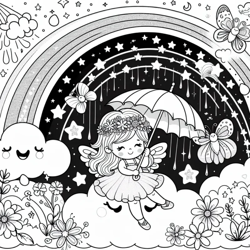 Notre petite princesse est assise sur un nuage doux et moelleux, tenant un grand parapluie magique qui déverse une fine pluie de petites étoiles scintillantes. Tout autour d'elle, on trouve des arcs-en-ciel, des papillons qui dansent et des fleurs qui sourient. Amusez-vous à ajouter des couleurs à ce monde magique!