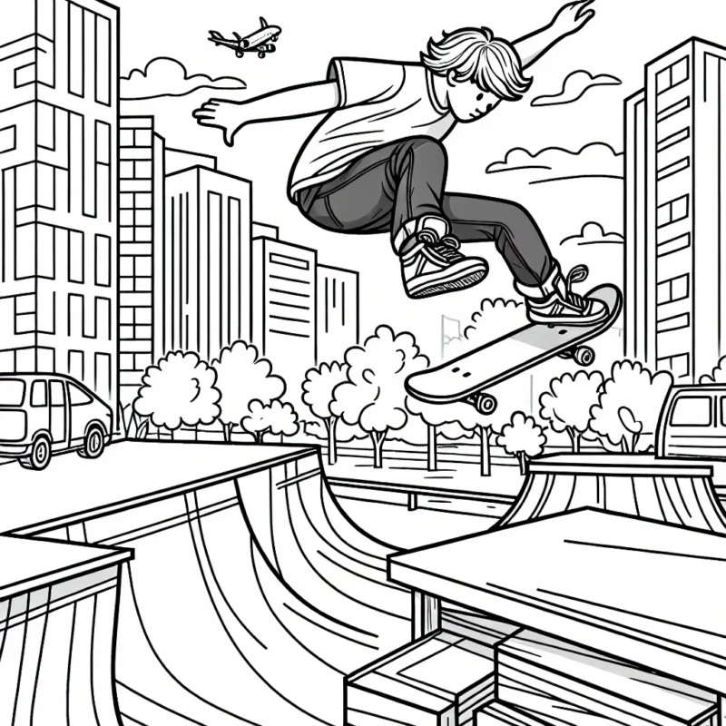 Dans ce dessin, tu découvriras un skateur qui réalise une incroyable figure dans un skate park urbain. Il est en plein saut, au-dessus d'une immense rampe. Des immeubles se dessinent en arrière-plan. Aide-le à prendre des couleurs !