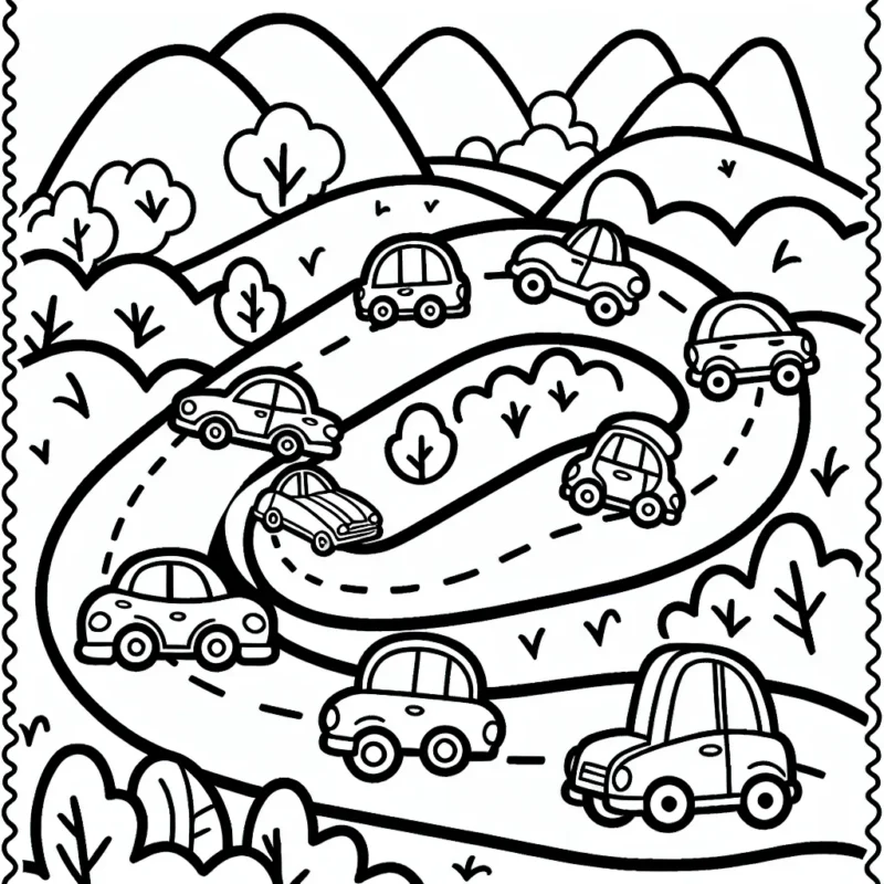 Imagine des voitures de différentes formes et tailles bondissant joyeusement sur une route sinueuse entourée de montagnes verdoyantes