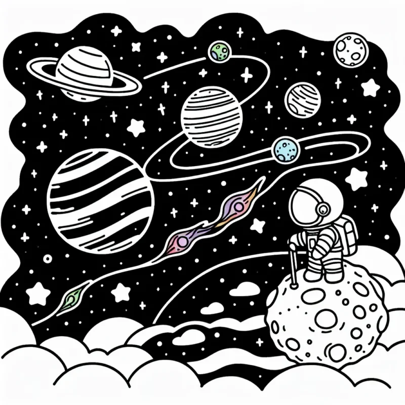Un petit astronaute debout sur une comète voyageant à travers une galaxie étoilée, aperçoit des planètes multicolores à l'horizon.