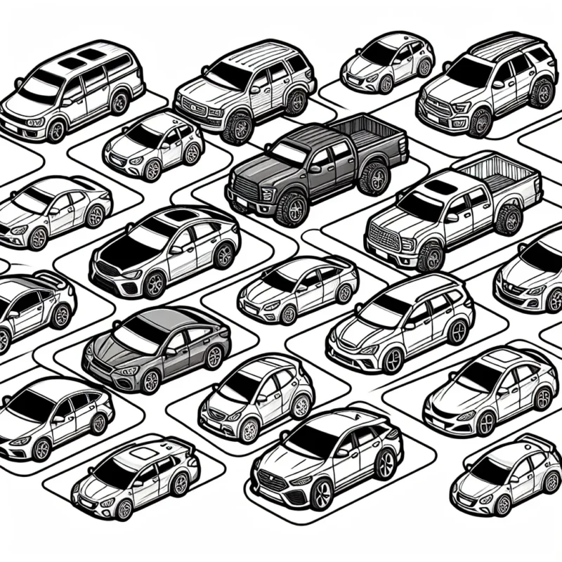 Des voitures venus des quatre coins du monde sont parkées sur un grand stationnement, chaque marque de voiture est clairement indiquée. À toi de donner des couleurs à ces voitures formidables.