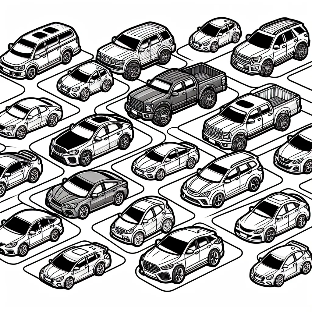 Des voitures venus des quatre coins du monde sont parkées sur un grand stationnement, chaque marque de voiture est clairement indiquée. À toi de donner des couleurs à ces voitures formidables.