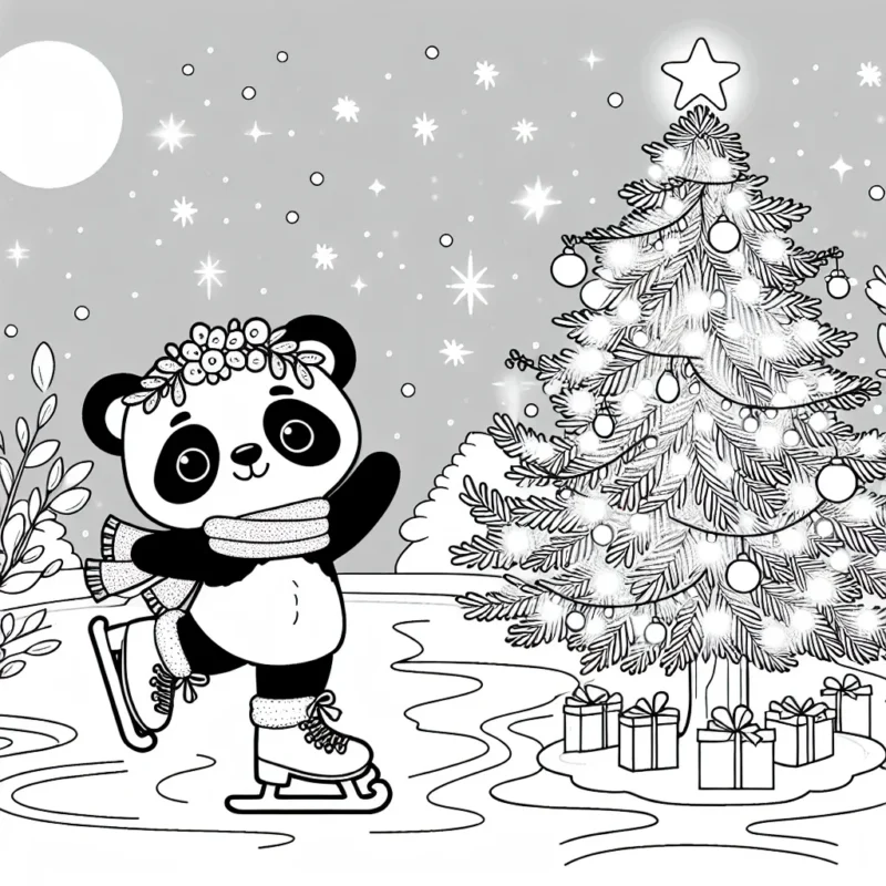 Un panda mignon qui fait du patin à glace sur un arbre géant orné de lumières scintillantes.