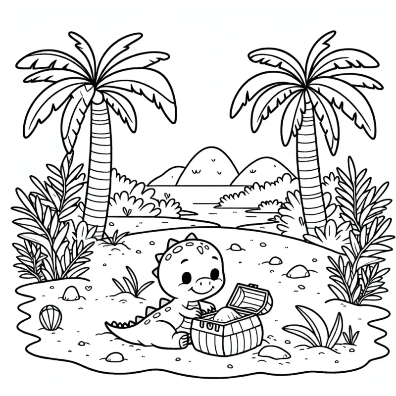 Sur une île déserte se trouve un petit dinosaure timide, entouré de palmiers exotiques, découvrant un trésor caché en fouillant le sable avec sa queue.
