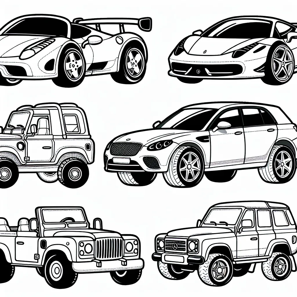 Ton défi aujourd'hui est de colorier différentes marques de voitures. Tu as un large éventail de voitures à colorier : la sportive Ferrari, la luxueuse Mercedes-Benz, l'aventurière Land Rover, l'élégante Bentley et la fiable Toyota. N'oublie pas de faire attention aux détails et aux logos de chaque voiture !