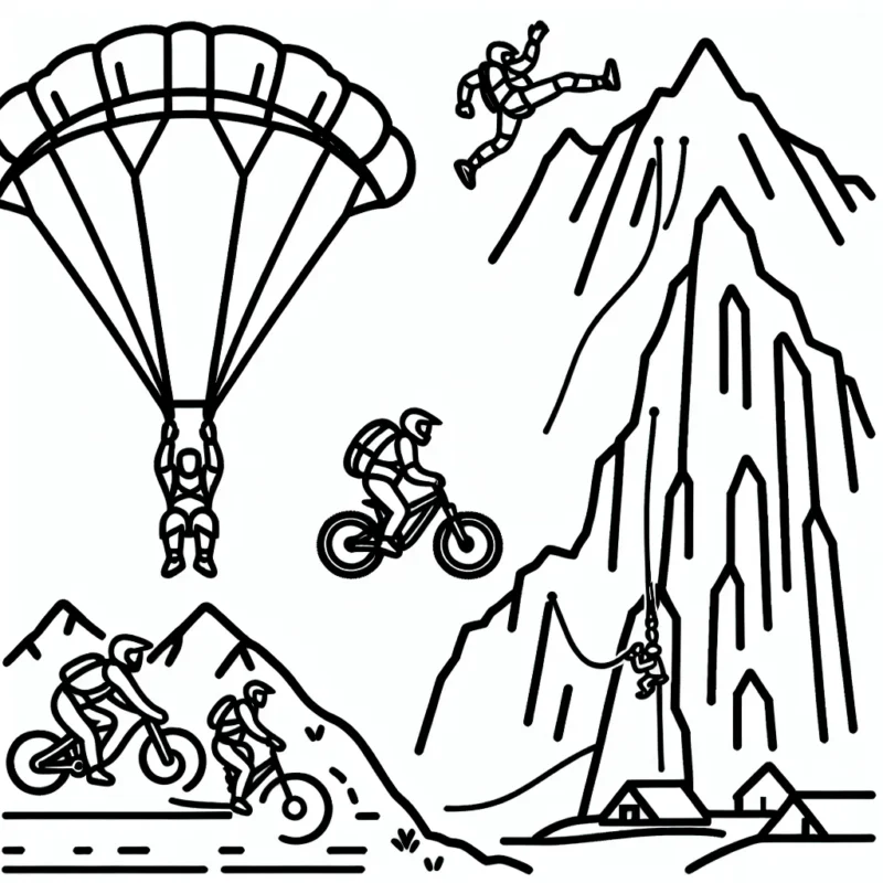 Sportifs faisant du deltaplane, du VTT en descente et du saut à l'élastique sur une montagne haute et rocheuse