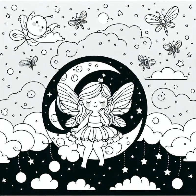 Dessine une petite fée assise sur une lune accrochée à un ciel nocturne étoilé, entourée de petites lucioles.