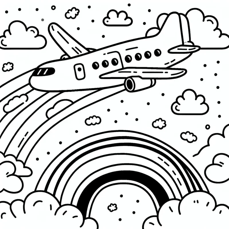 Un avion de transport de passagers en vol au-dessus des nuages, avec un arc-en-ciel en arrière-plan.