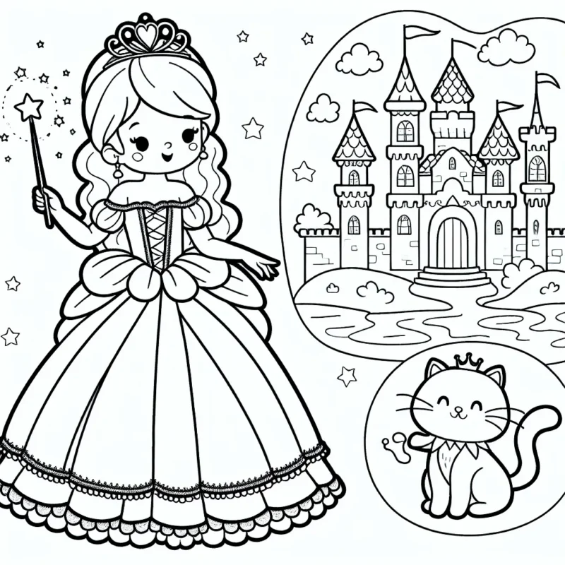 Dessine une princesse avec sa robe à volants, tenant une baguette magique et jouant avec son petit chat dans son magnifique château.