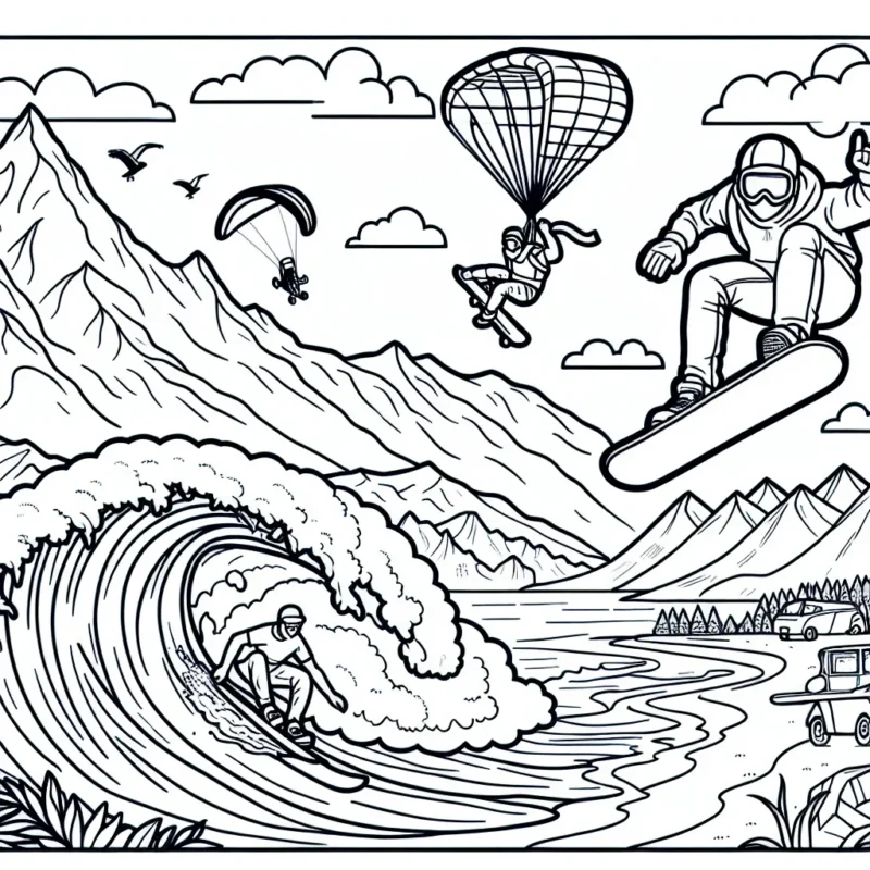 Imagine un dessin montrant un snowboarder en plein saut au-dessus des sommets des montagnes, accompagné d'un surfeur chevauchant une grande vague dans l'océan. Entre-ci, un skateur fait des figures impressionnantes dans un skate park. En fond, un parapentiste vole dans le ciel azur.