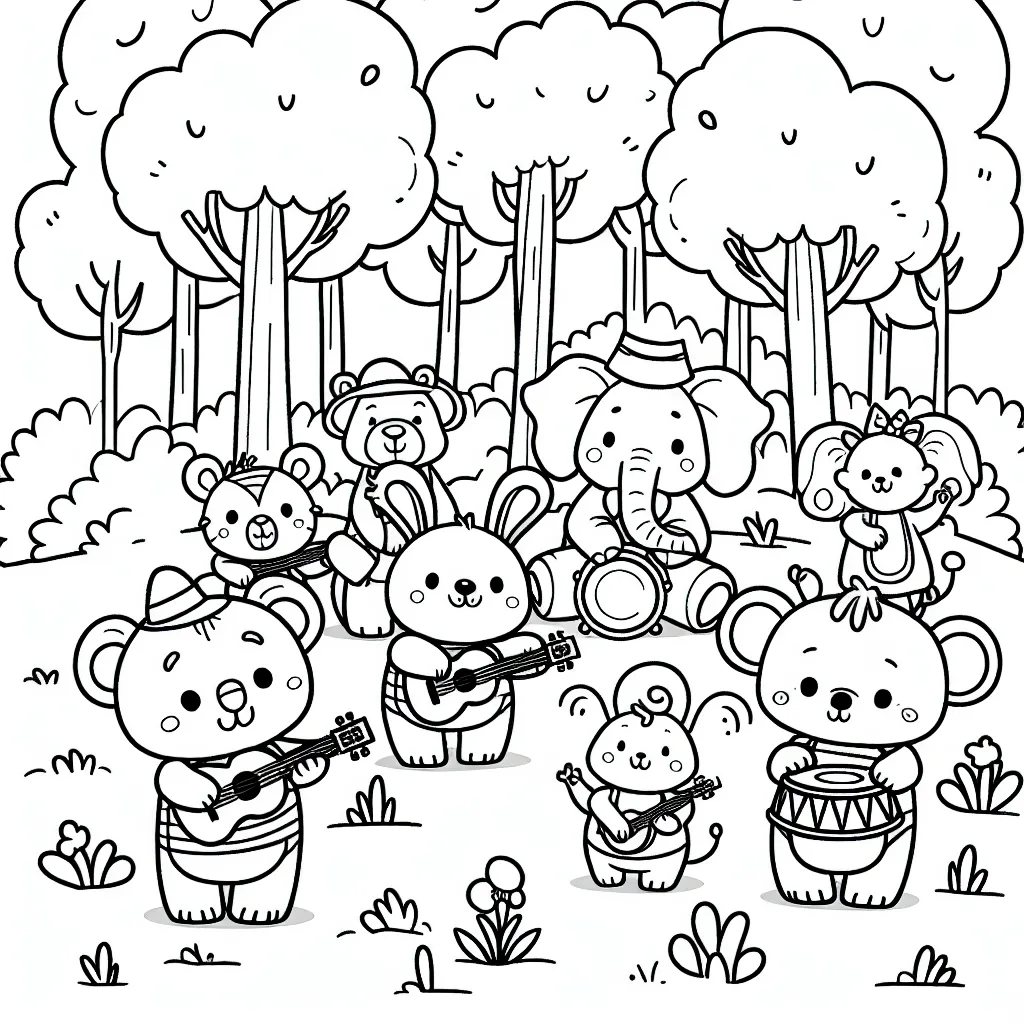 Un groupe d'animaux musiciens dans la forêt